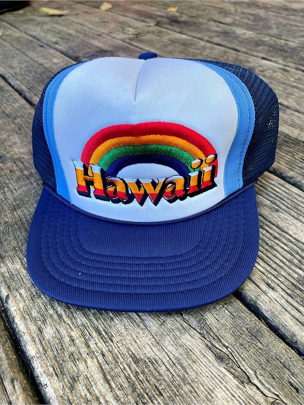Hawaii Vintage Hawaii Rainbow Trucker Hat. Blue & White